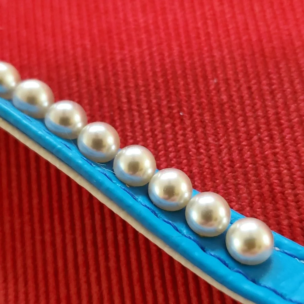 Dog collar blue with pearls size 16